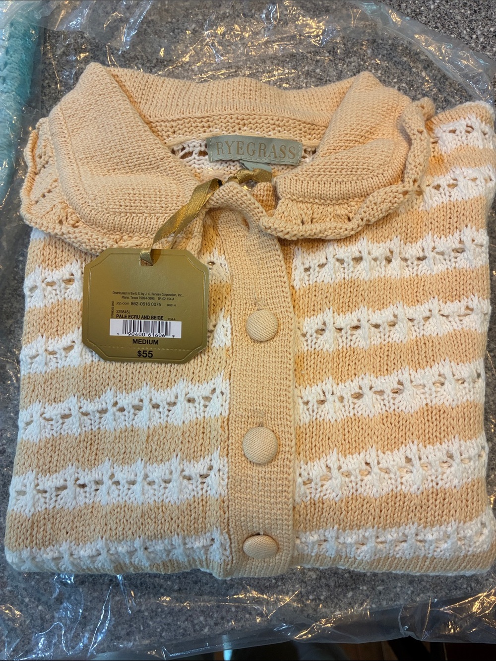 Pale Ecru & beige Striped Knit 3/4 sleeve button front sweater top NEW medium